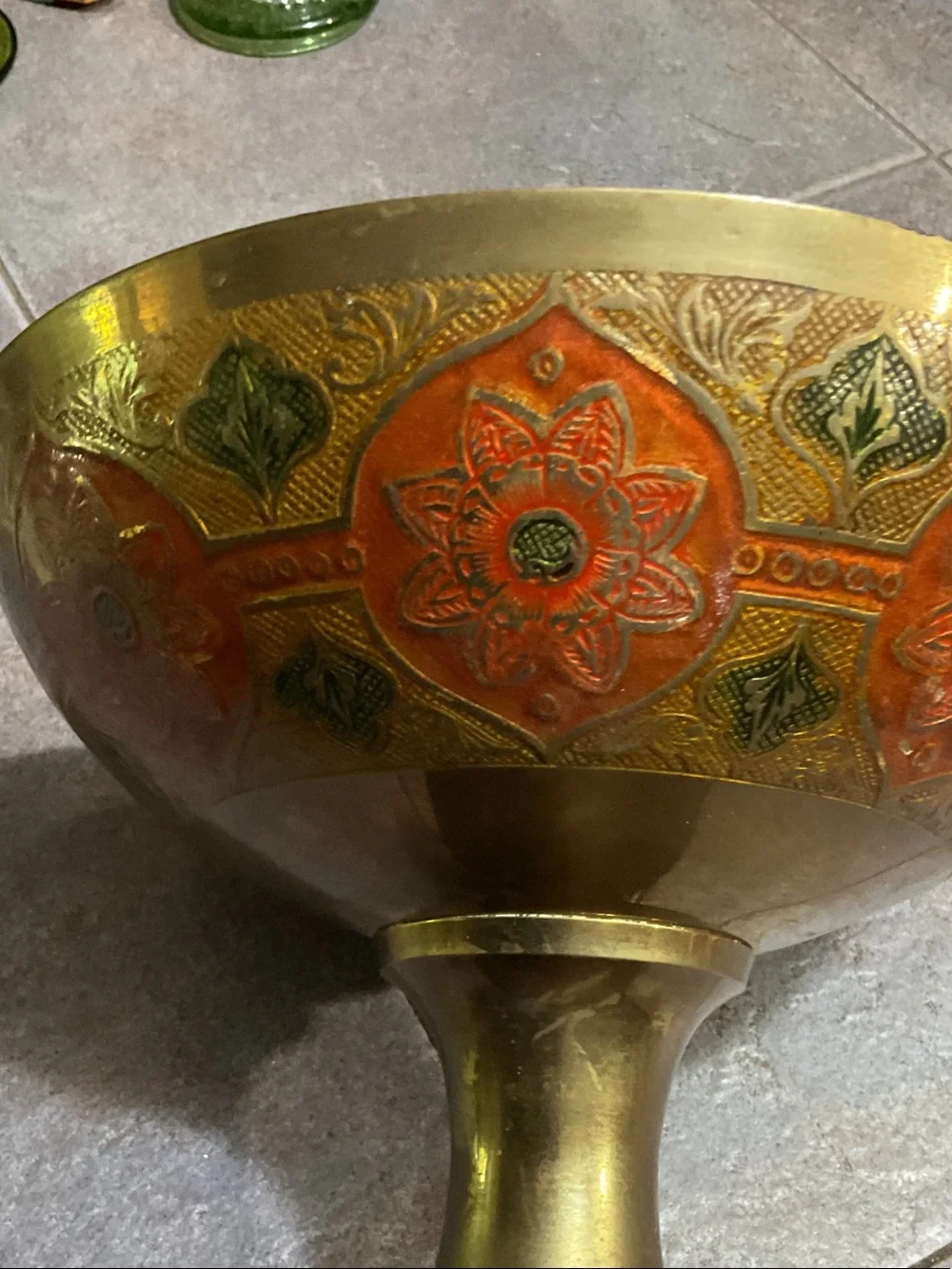 Decorative Brass Pedestal Bowl with Red and Green Enamel